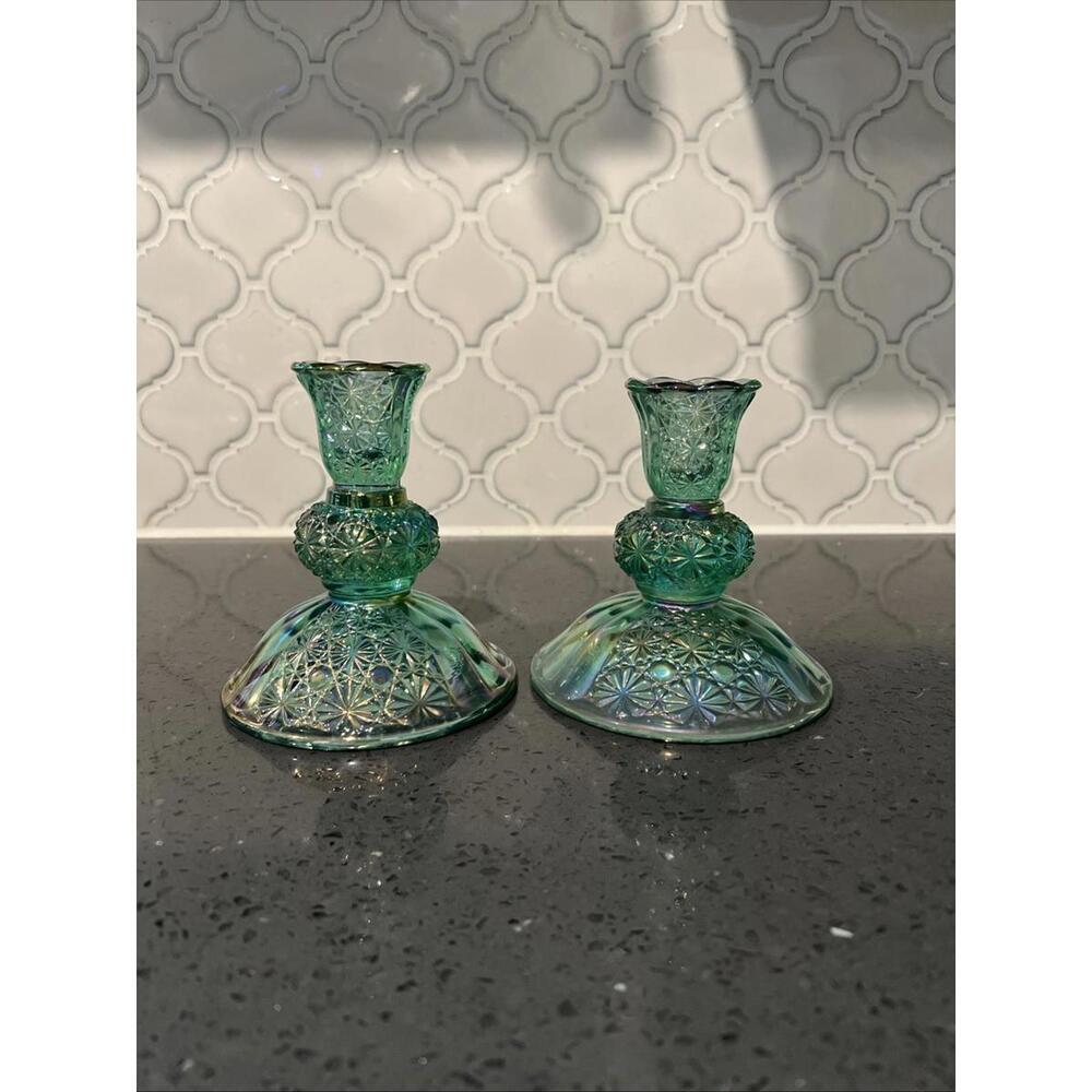 Fenton Iridescent, Blue Green Glass Daisy And Button Pair Of Candle Sticks